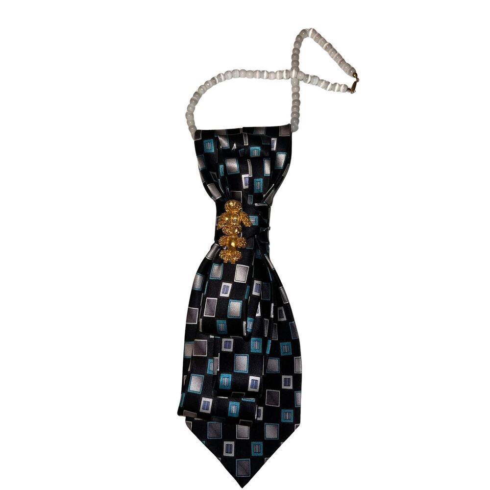 Geometric Print Junk Tie Necklace Fashion  Accessory Gold Poodle Brooch